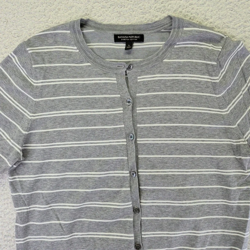 Banana Republic Womens Large Gray Striped Stretch Cotton Button Cardigan Sweater - Picture 6 of 9